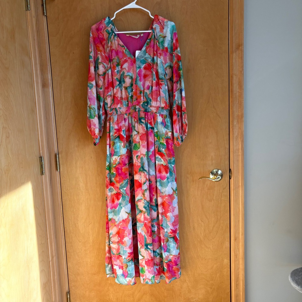 Soft Surroundings Evalina Maxi Dress Tropical Floral Boho‎ V Neck Smocked Waist
